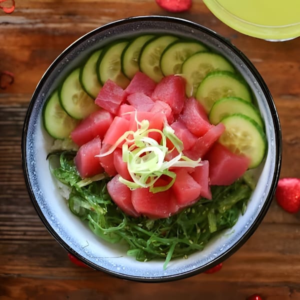 Ganzo Sushi's poke bowl with tuna, cucumber, seaweed, and scallions on a wooden table.